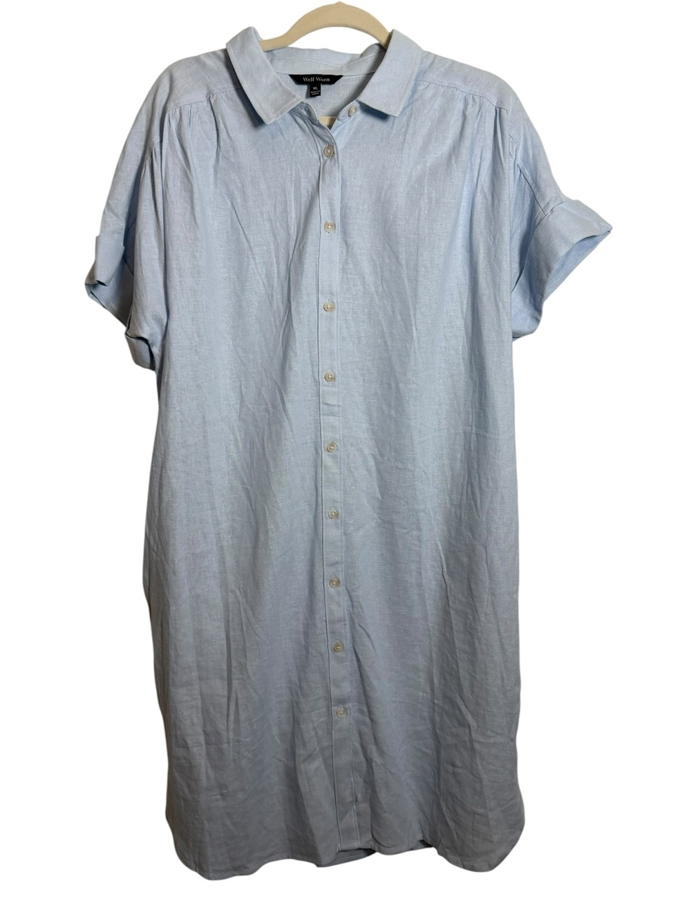 Well Worn Linen Blend Shirt Dress Light Blue Button Front Collared Casual XL (2)